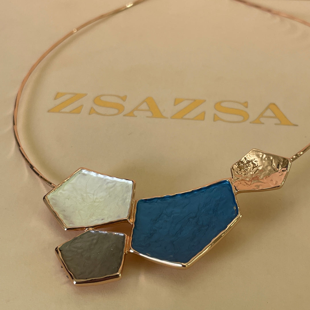 Enamel blue, white and grey rose gold set