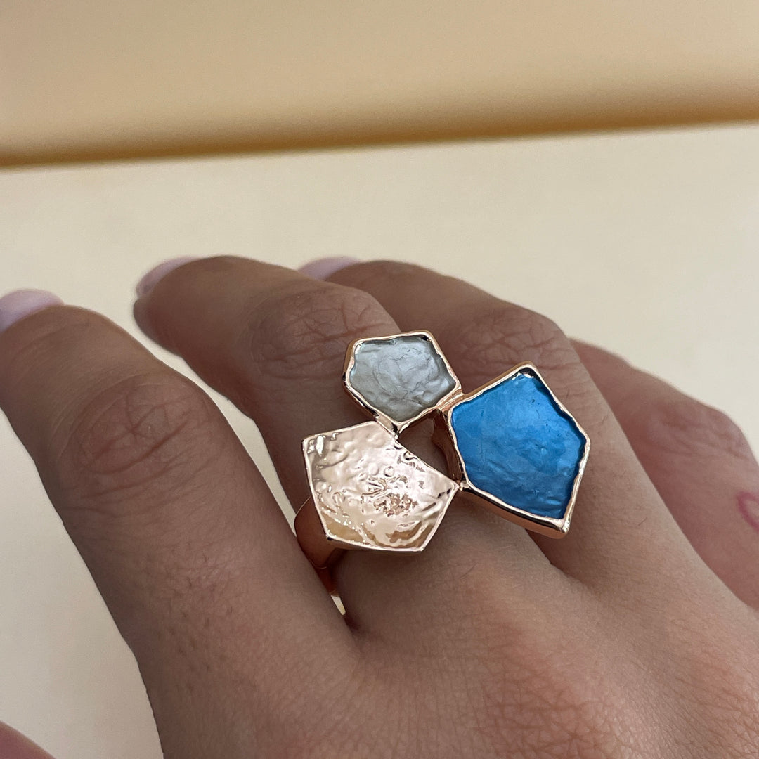 Enamel blue, white and grey rose gold set