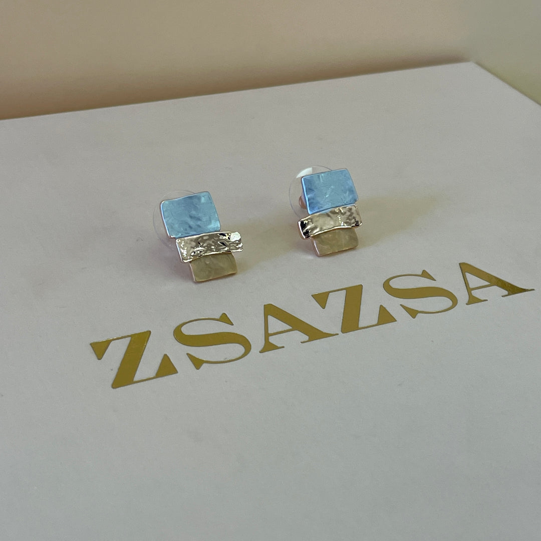 Enamel rectangular light blue, turquoise and peach rose gold plated set