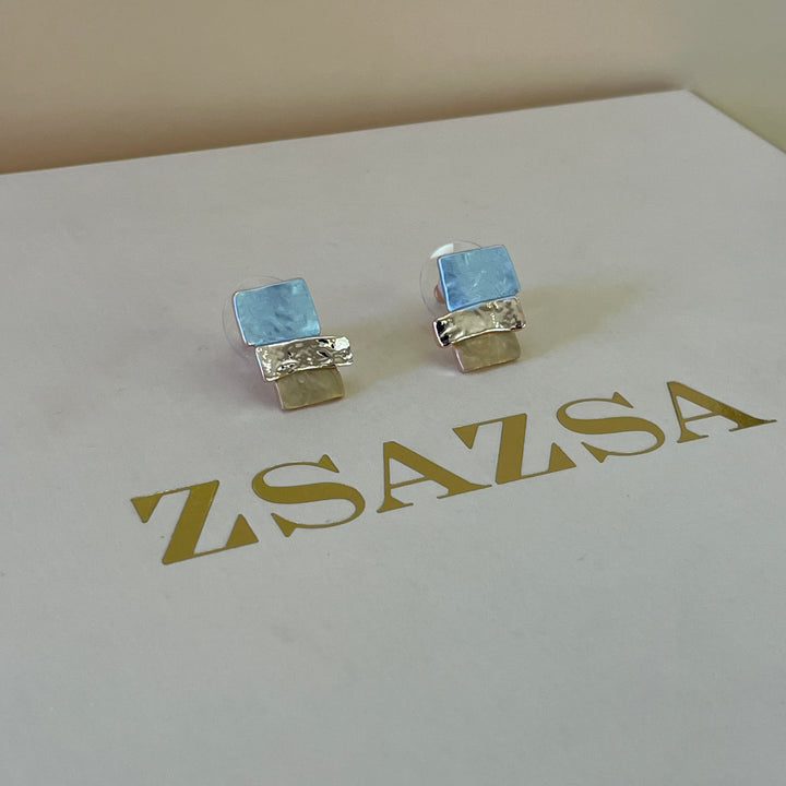 Enamel rectangular light blue, turquoise and peach rose gold plated set
