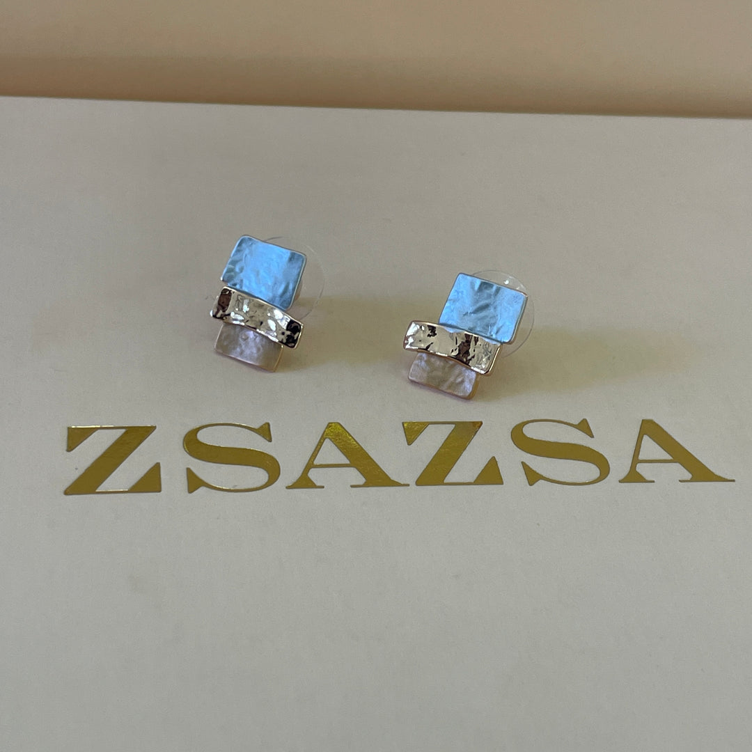 Enamel rectangular light blue, turquoise and peach rose gold plated set
