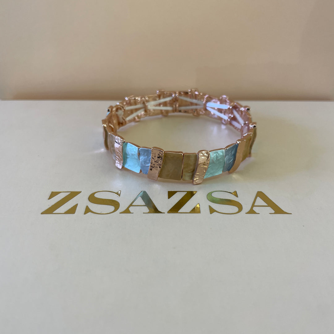 Enamel rectangular light blue, turquoise and peach rose gold plated set