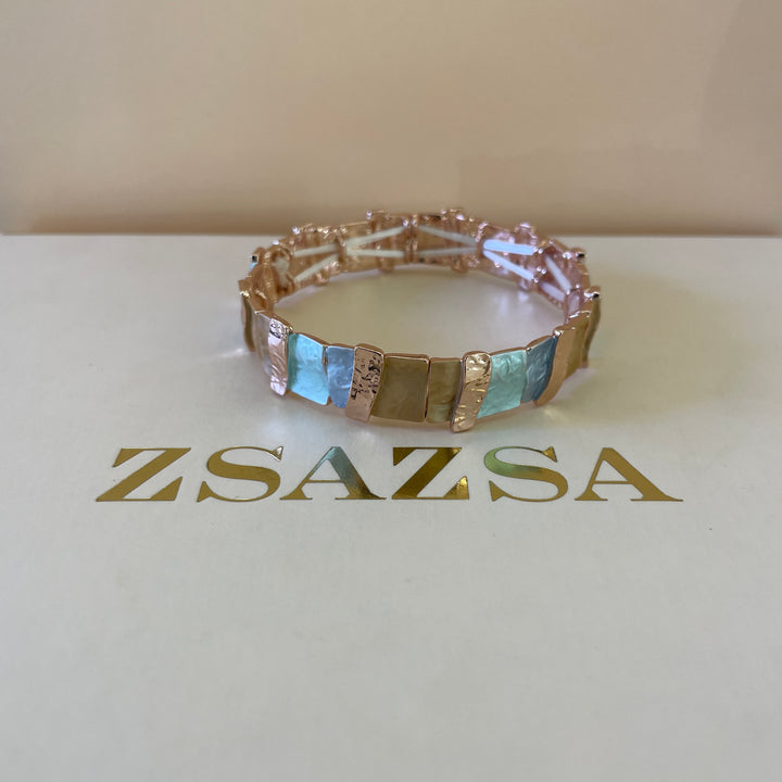 Enamel rectangular light blue, turquoise and peach rose gold plated set