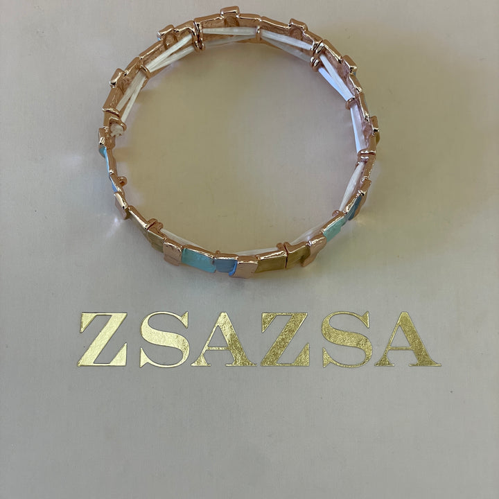 Enamel rectangular light blue, turquoise and peach rose gold plated set