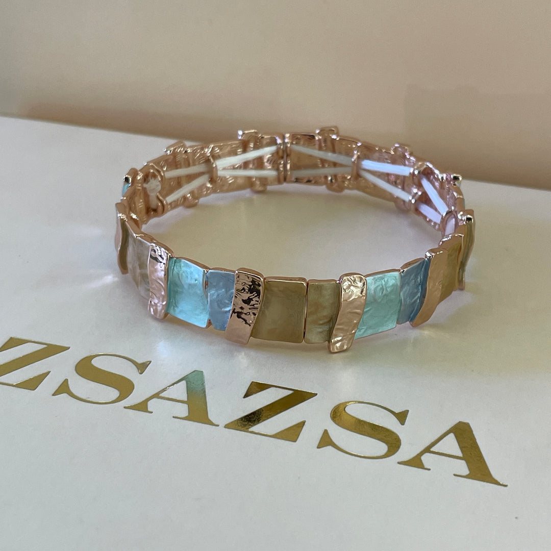 Enamel rectangular light blue, turquoise and peach rose gold plated set