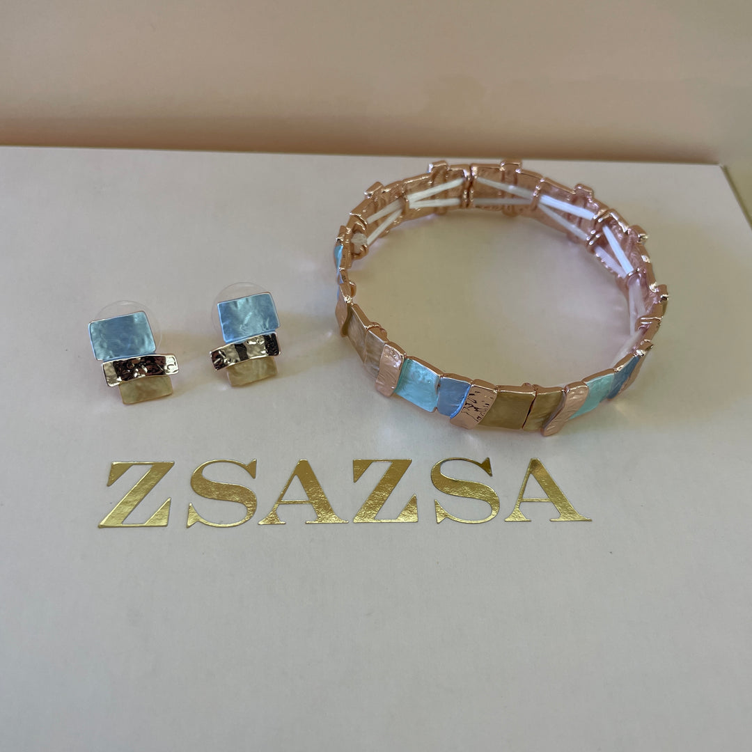 Enamel rectangular light blue, turquoise and peach rose gold plated set