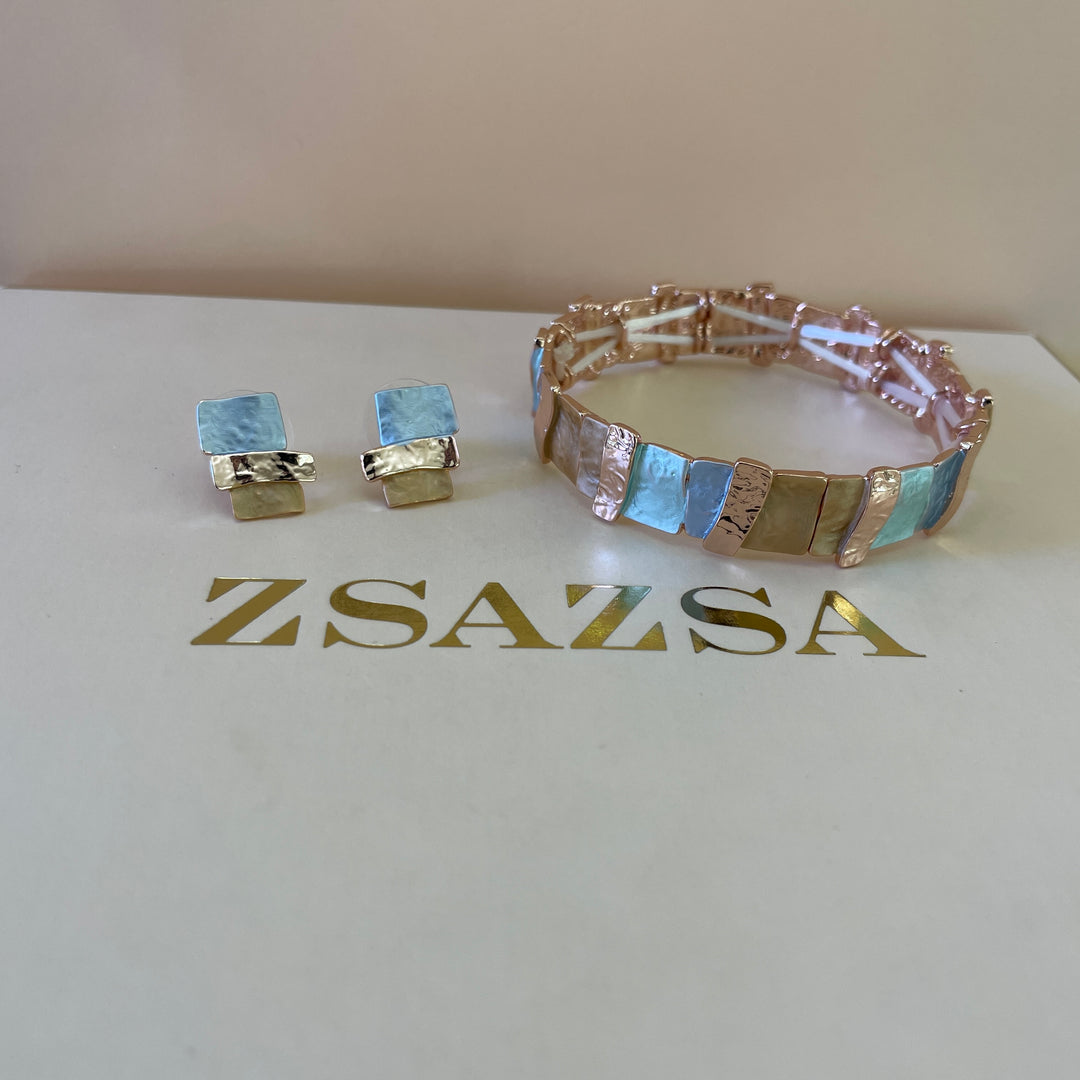 Enamel rectangular light blue, turquoise and peach rose gold plated set
