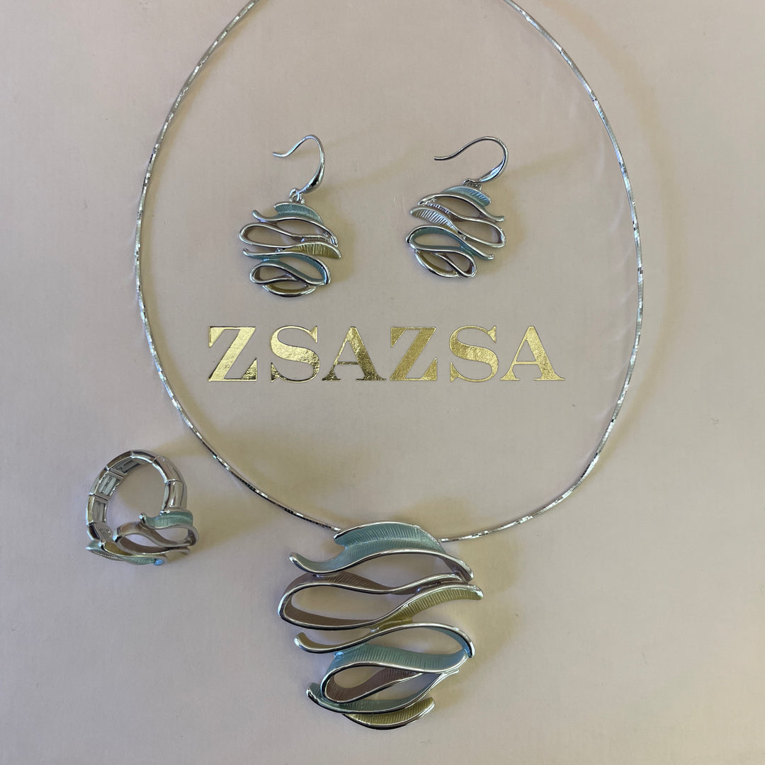Enamel mint, brown and gold twisted white gold plated set