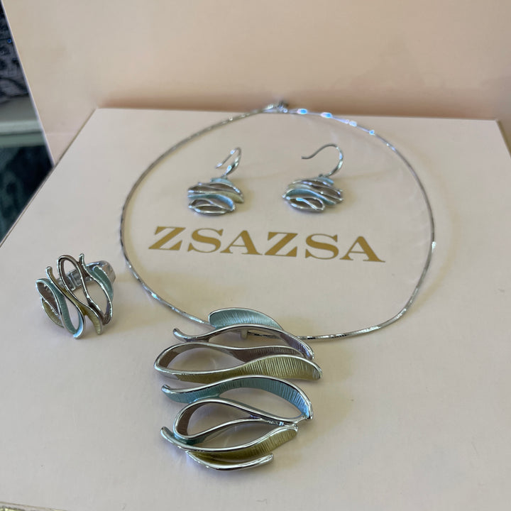 Enamel mint, brown and gold twisted white gold plated set