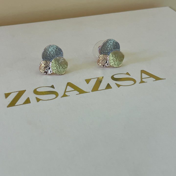 Enamel lime green and light grey studs earrings