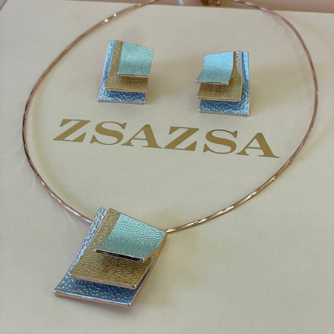 Enamel light blue, light turquoise and peach gold rose gold set
