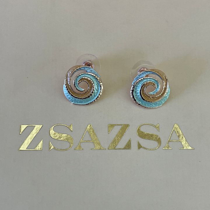 Enamel light blue, light turquoise and peach spiral gold rose gold set