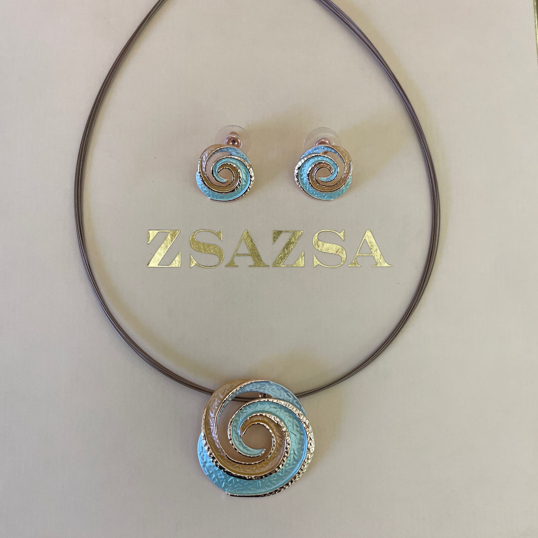 Enamel light blue, light turquoise and peach spiral gold rose gold set