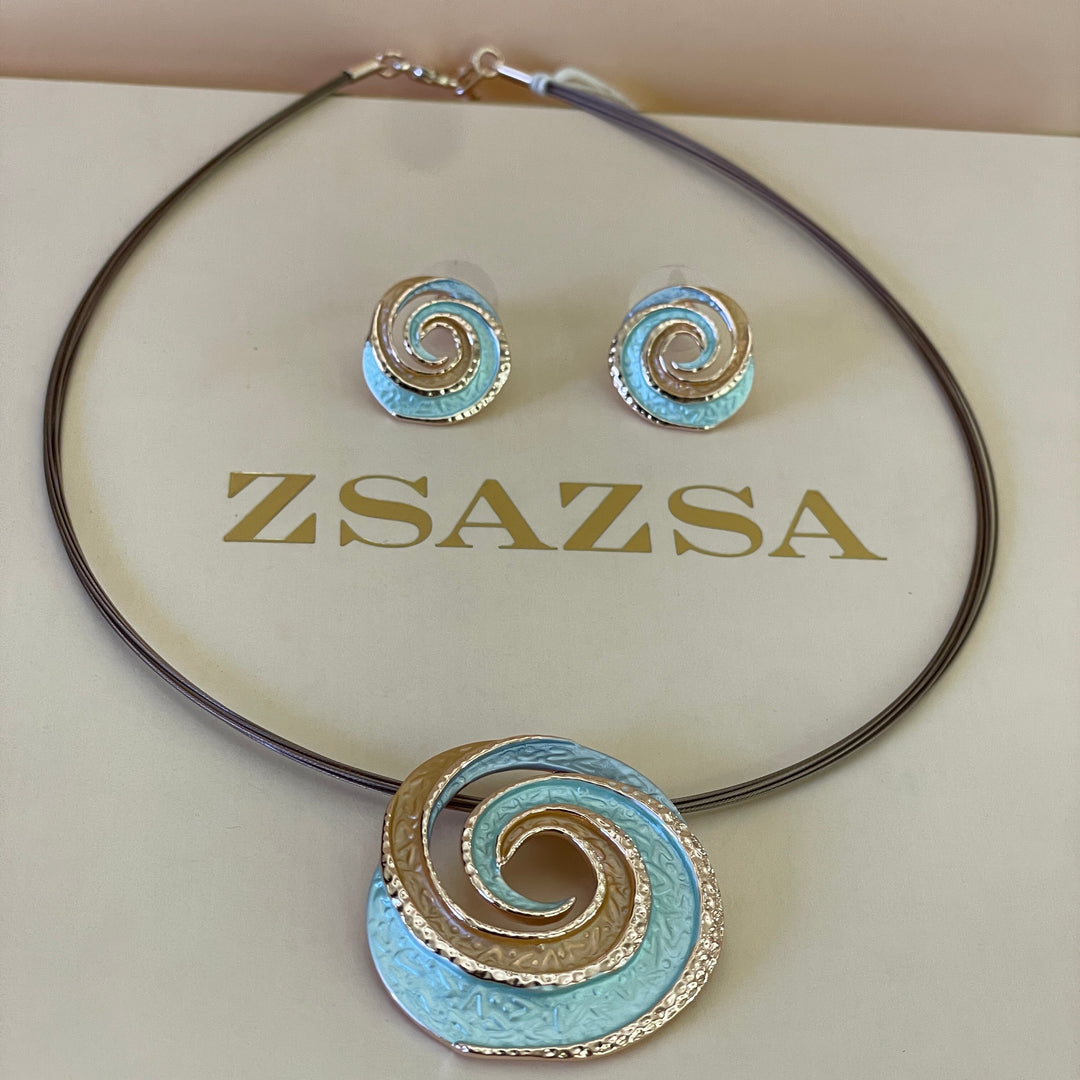 Enamel light blue, light turquoise and peach spiral gold rose gold set