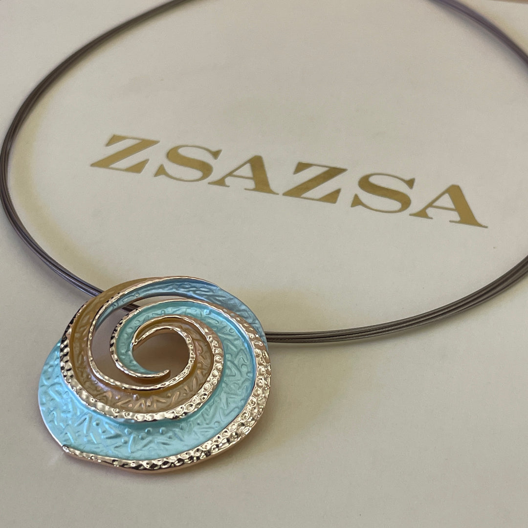 Enamel light blue, light turquoise and peach spiral gold rose gold set