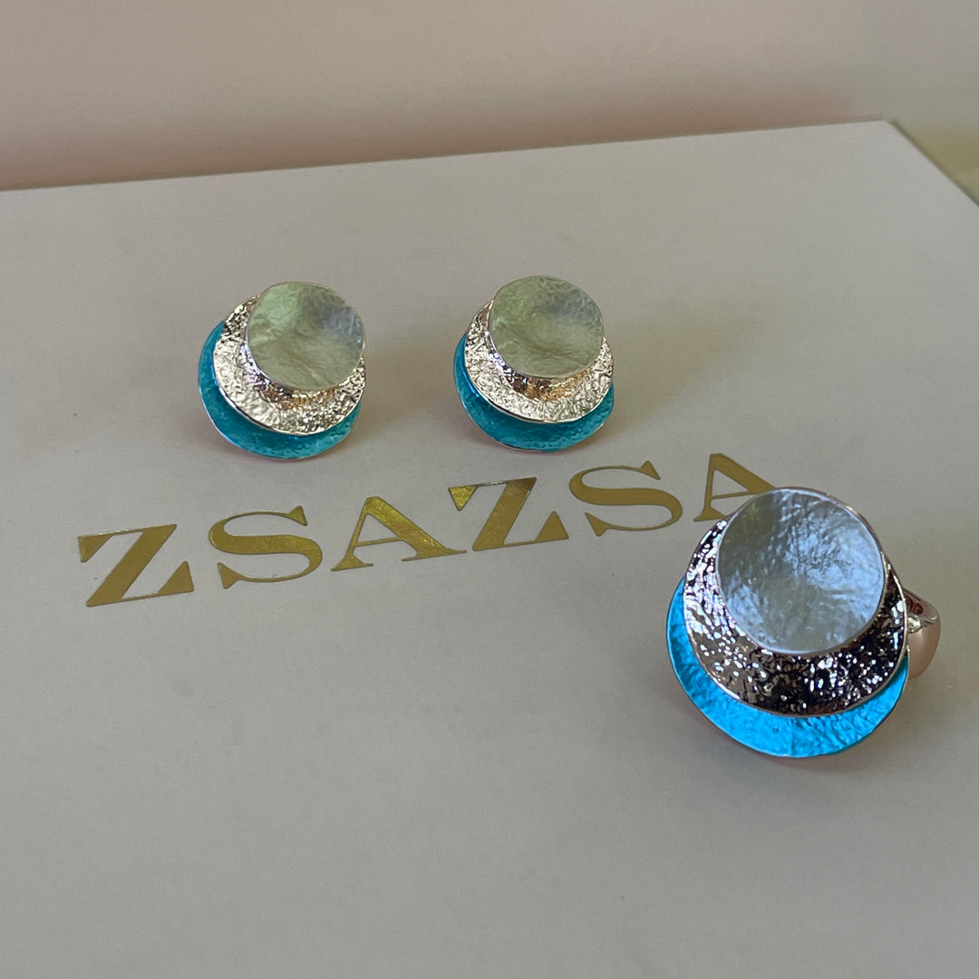 Enamel lime green and turquoise round studs earrings and ring