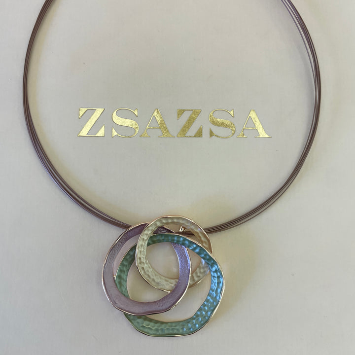 Enamel fuchsia, light green and gold necklace