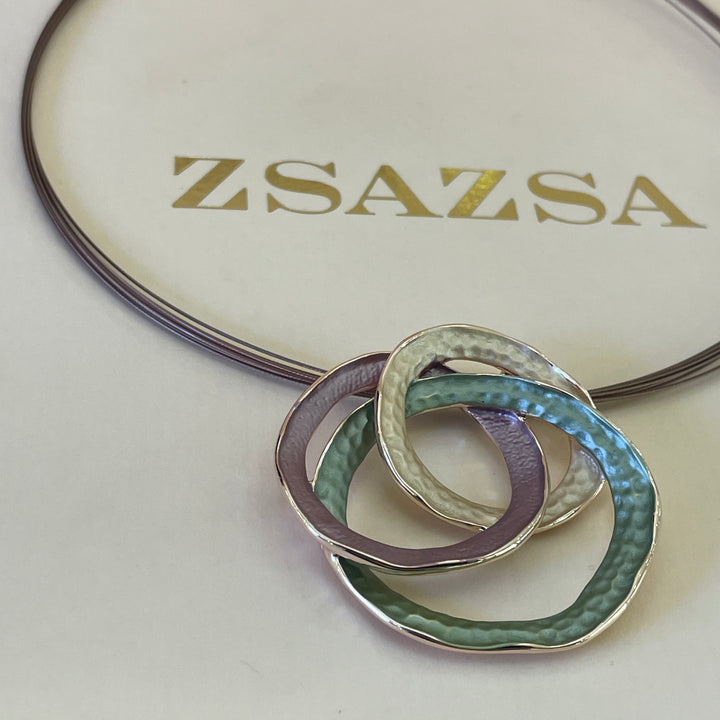 Enamel fuchsia, light green and gold necklace