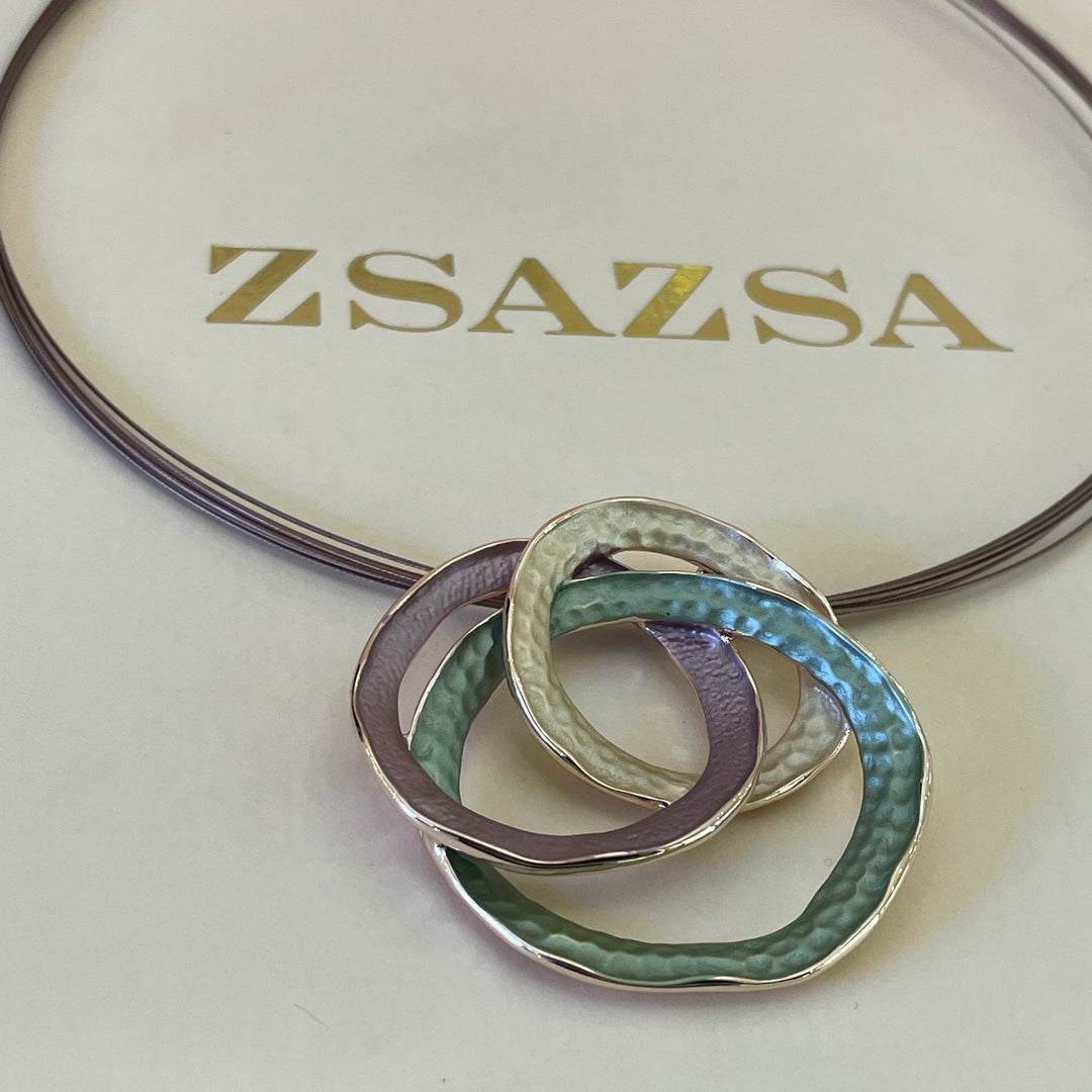 Enamel fuchsia, light green and gold necklace