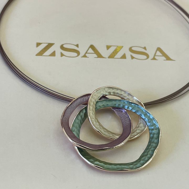 Enamel fuchsia, light green and gold necklace