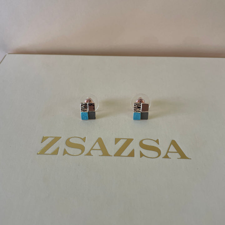 Enamel turquoise and grey studs earrings