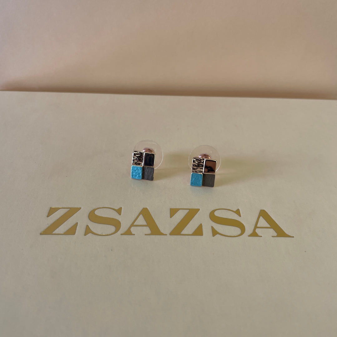 Enamel turquoise and grey studs earrings