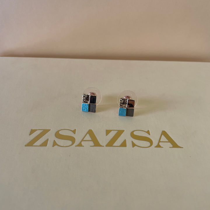 Enamel turquoise and grey studs earrings
