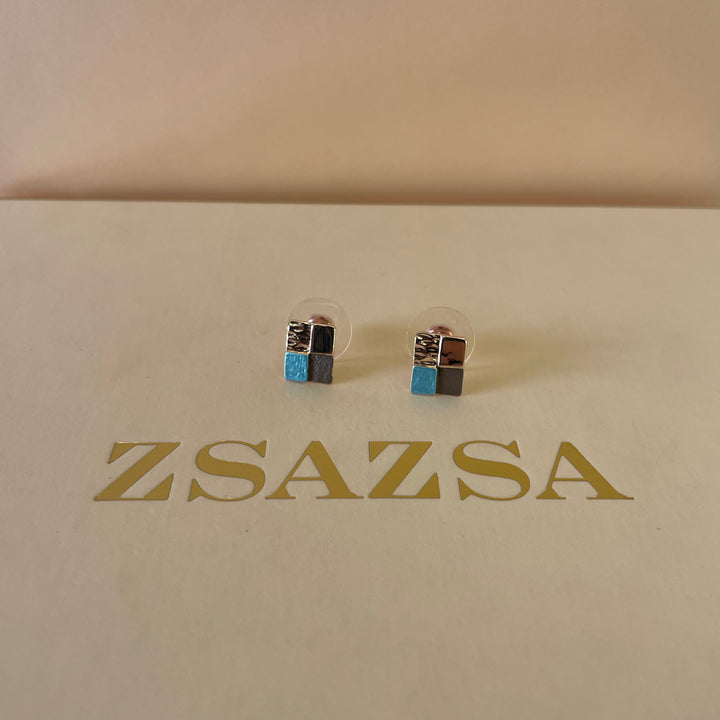 Enamel turquoise and grey studs earrings
