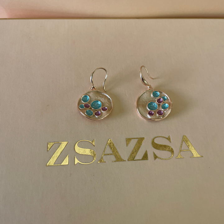 Enamel turquoise, gold and fuchsia round rose gold plated set