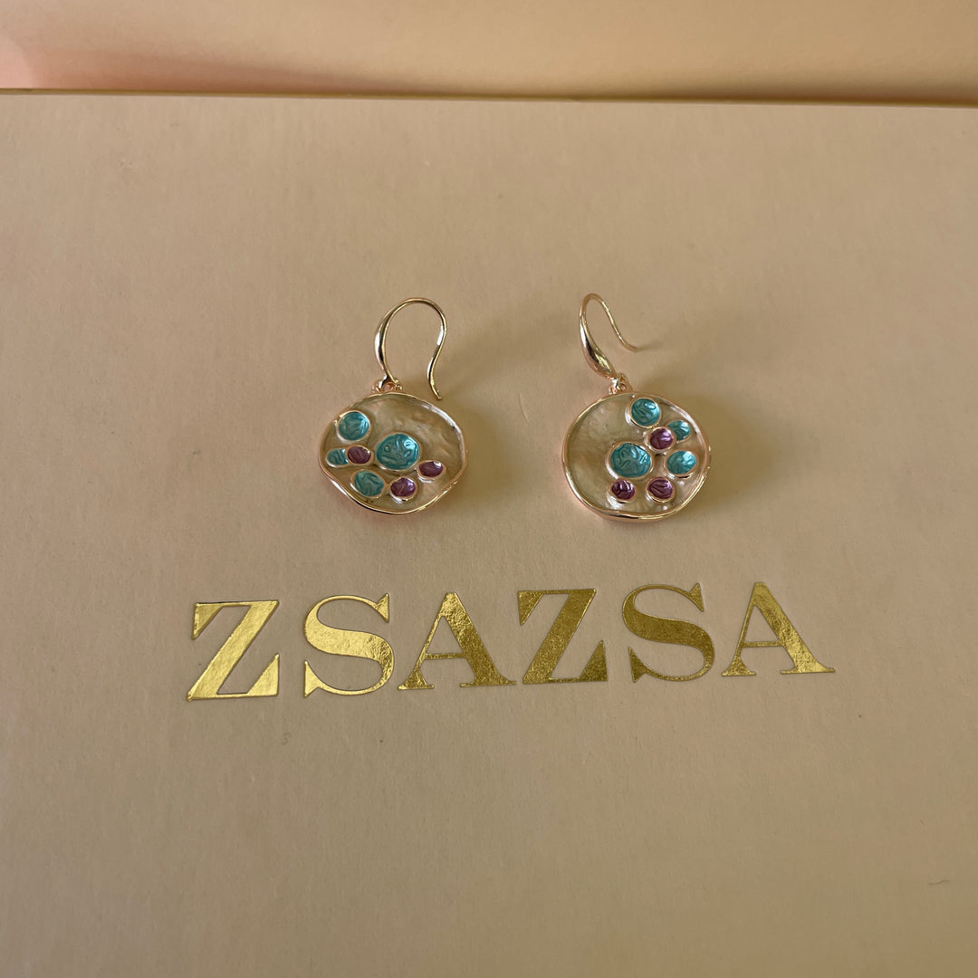 Enamel turquoise, gold and fuchsia round rose gold plated set