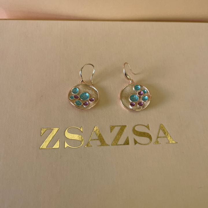 Enamel turquoise, gold and fuchsia round rose gold plated set