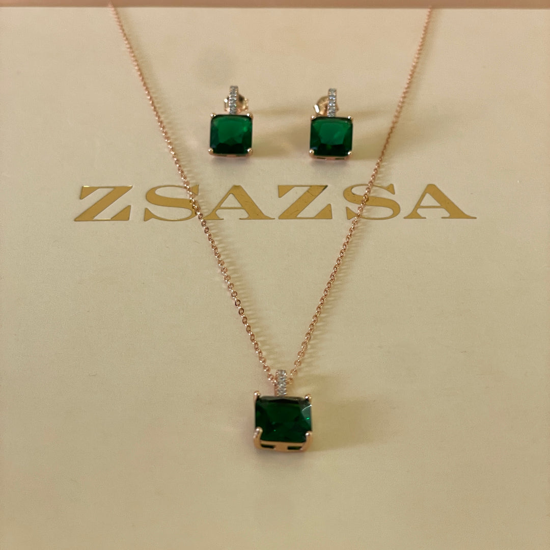 zircone dark green sterling silver rose gold square plated set