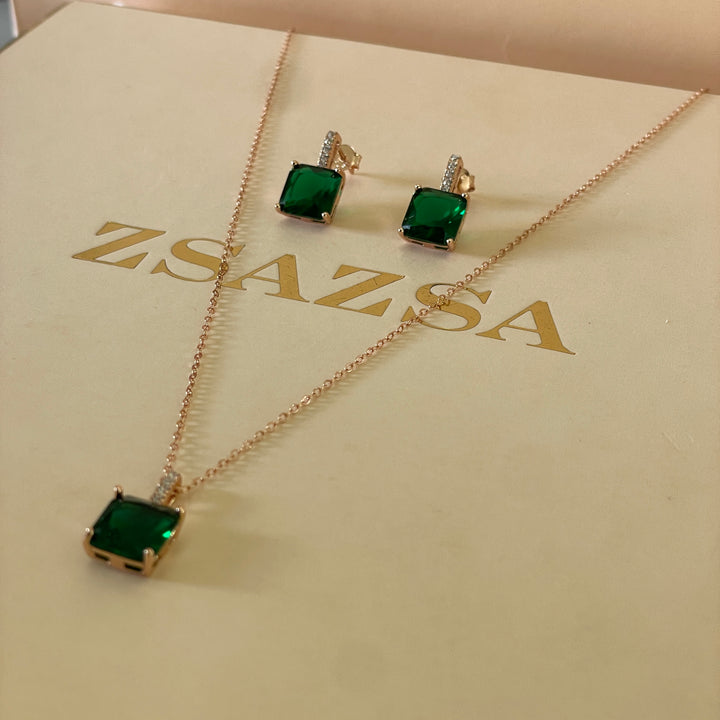 zircone dark green sterling silver rose gold square plated set