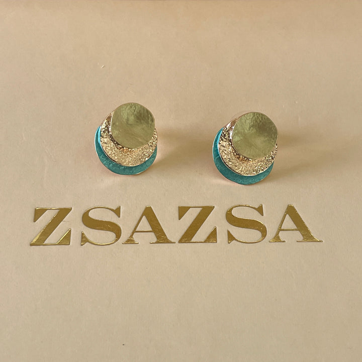 Enamel lime green and turquoise round studs earrings and ring