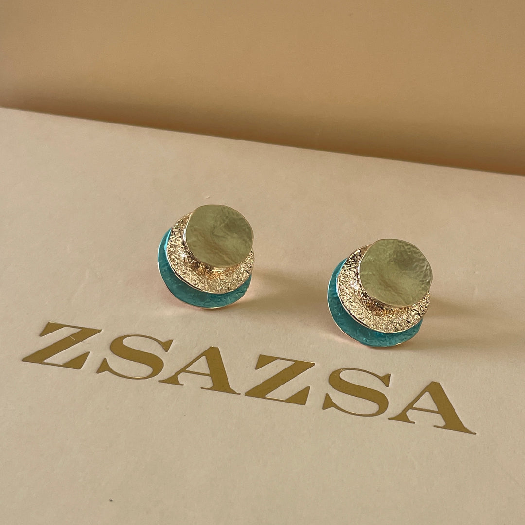 Enamel lime green and turquoise round studs earrings and ring