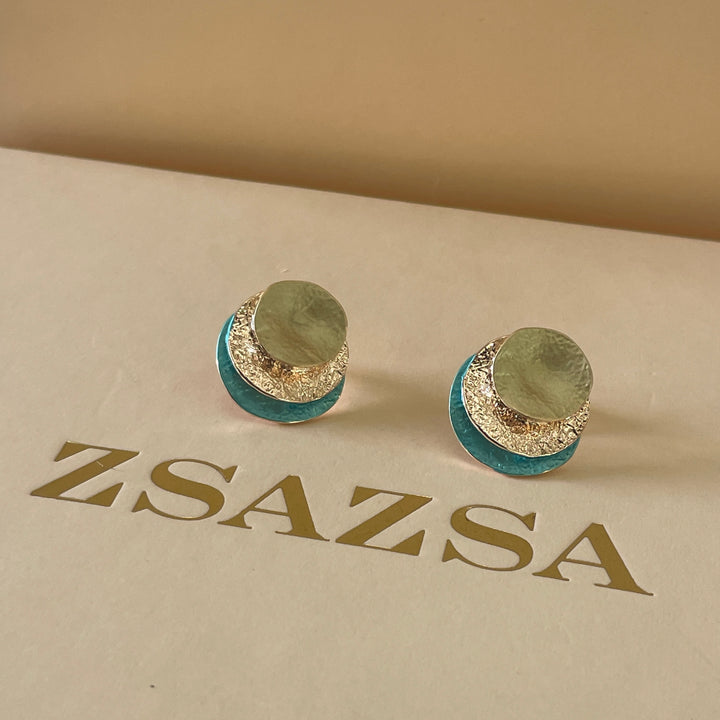 Enamel lime green and turquoise round studs earrings and ring