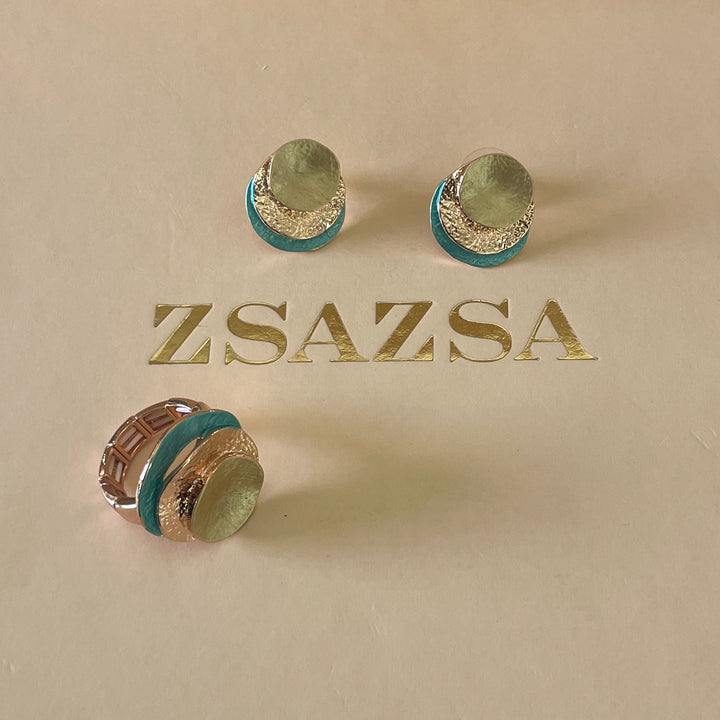 Enamel lime green and turquoise round studs earrings and ring
