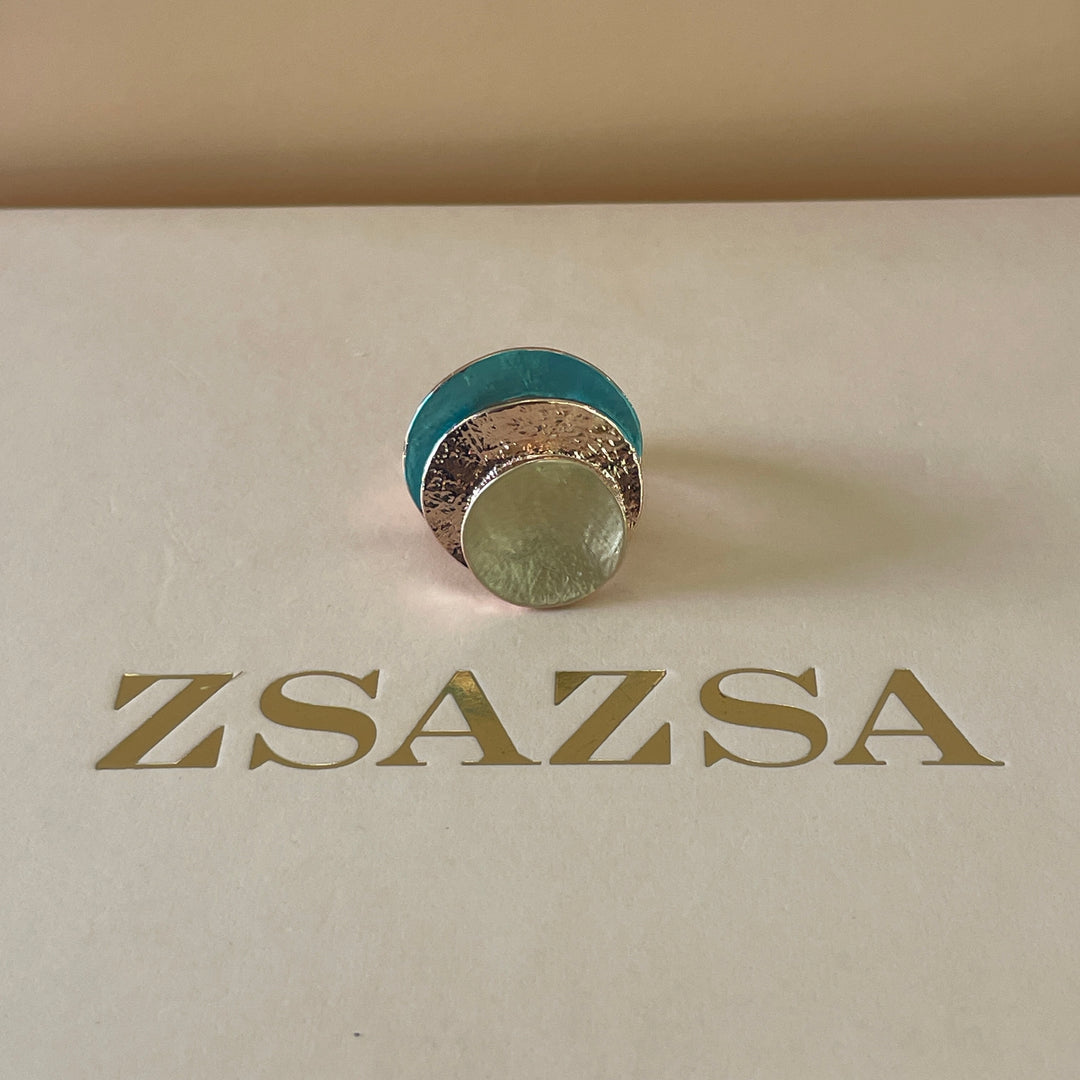 Enamel lime green and turquoise round studs earrings and ring