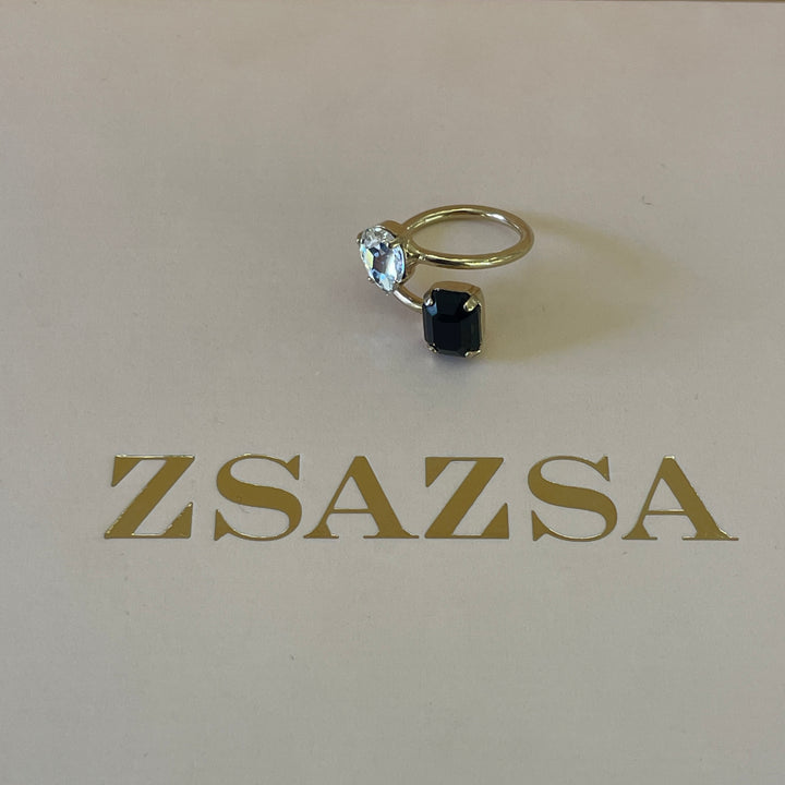 Preciosa crystal black square with silver teardrop crystal gold plated ring