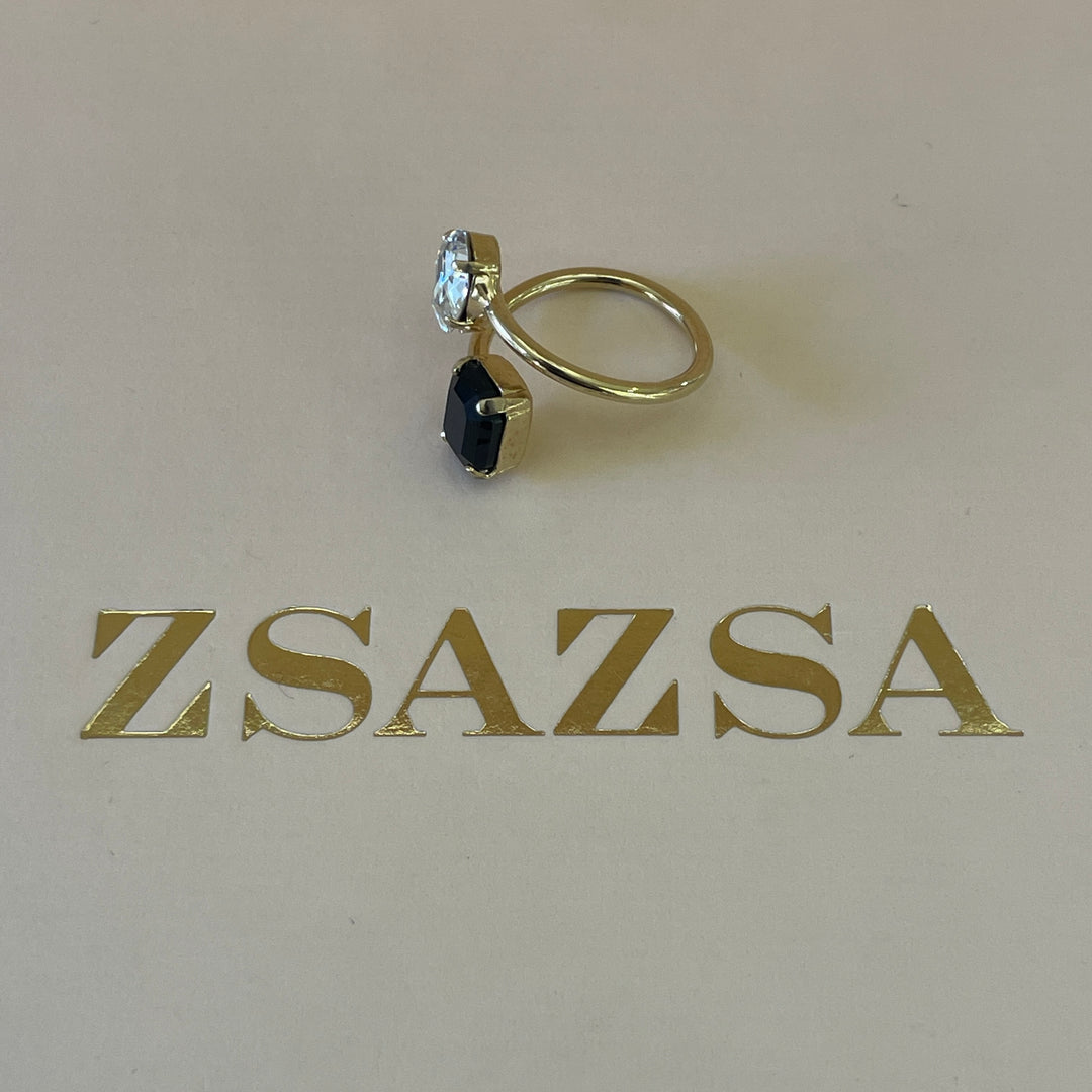 Preciosa crystal black square with silver teardrop crystal gold plated ring