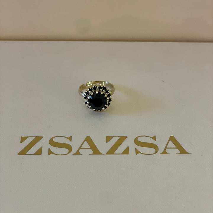 Preciosa crystal round with black crystals gold plated ring