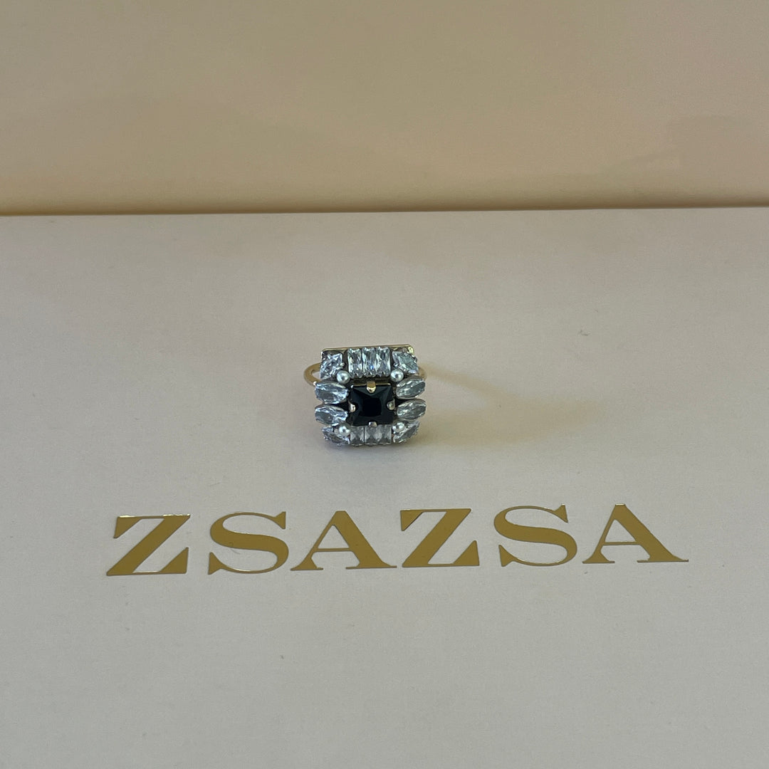 Swarovski crystal square black with stones gold plated ring