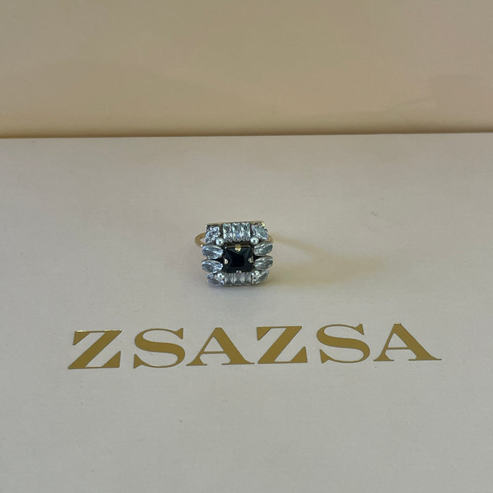 Swarovski crystal square black with stones gold plated ring