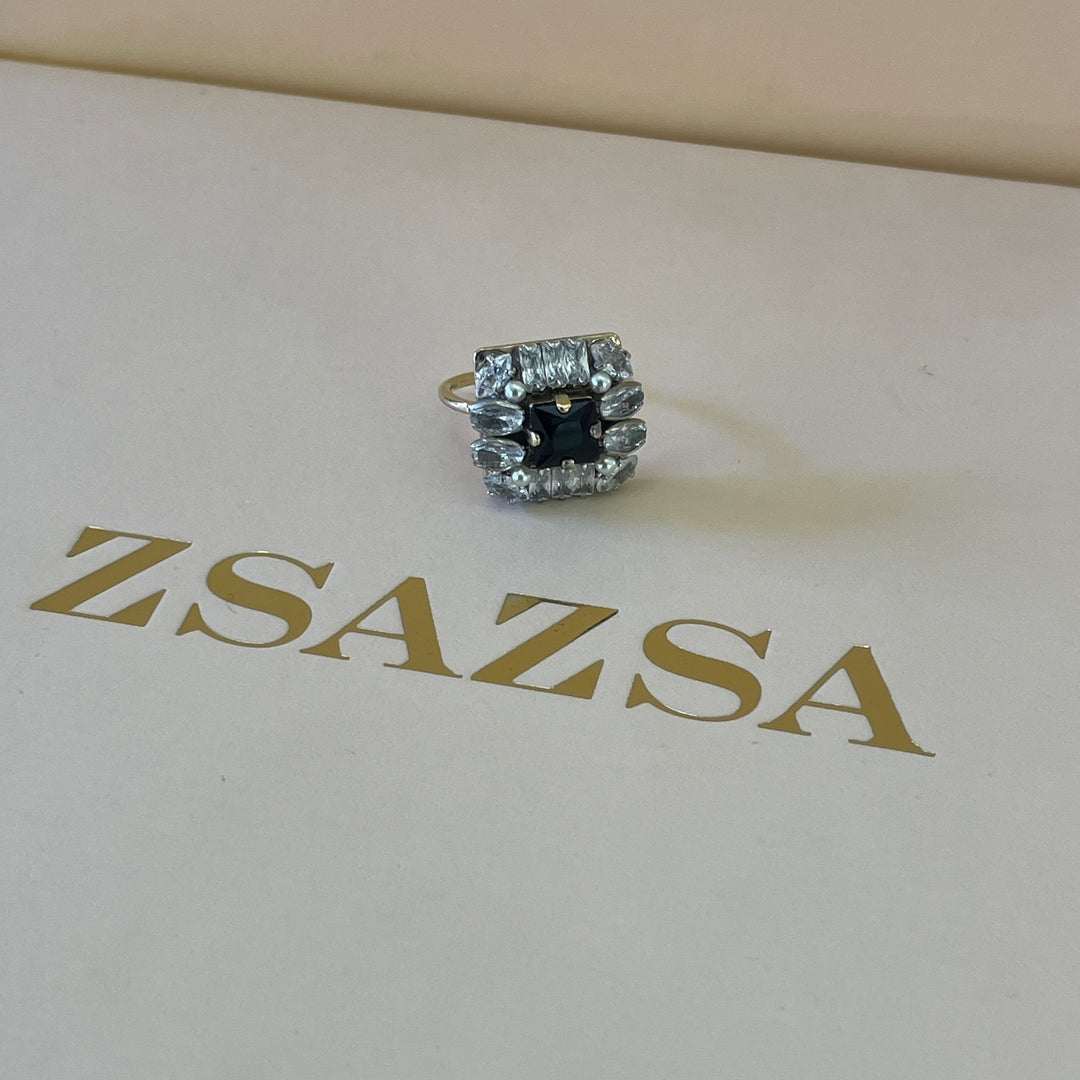 Swarovski crystal square black with stones gold plated ring