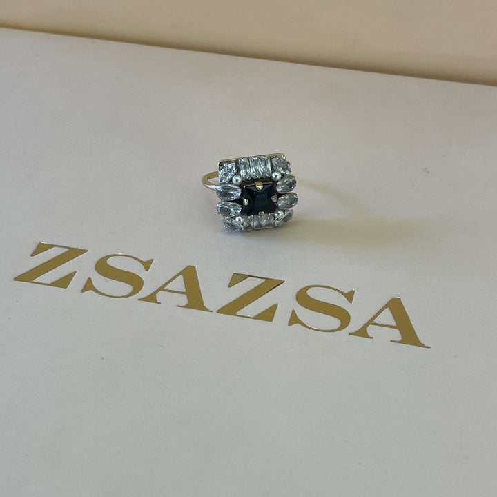 Swarovski crystal square black with stones gold plated ring