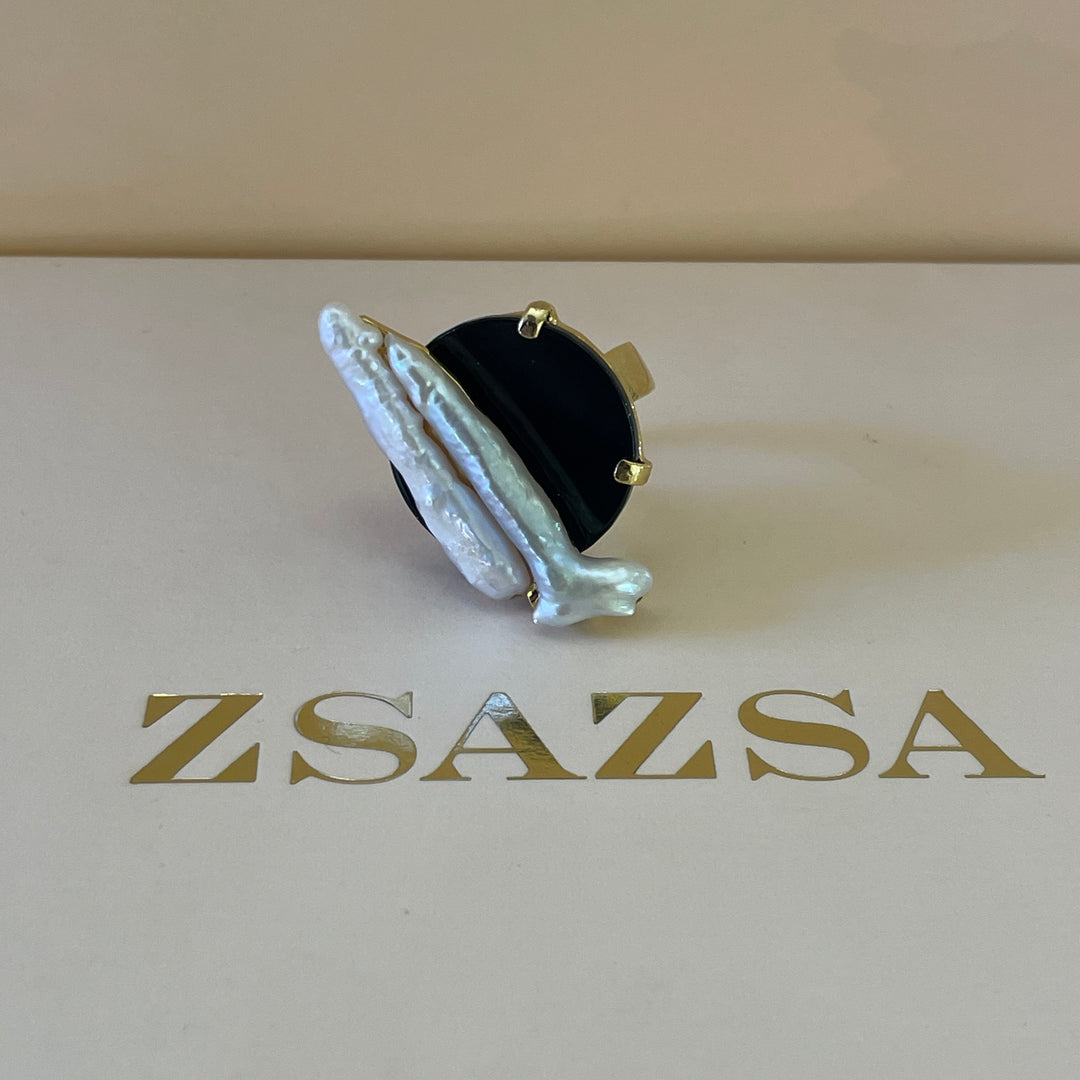 Black resin with fresh water pearl sterling silver gold plated ring