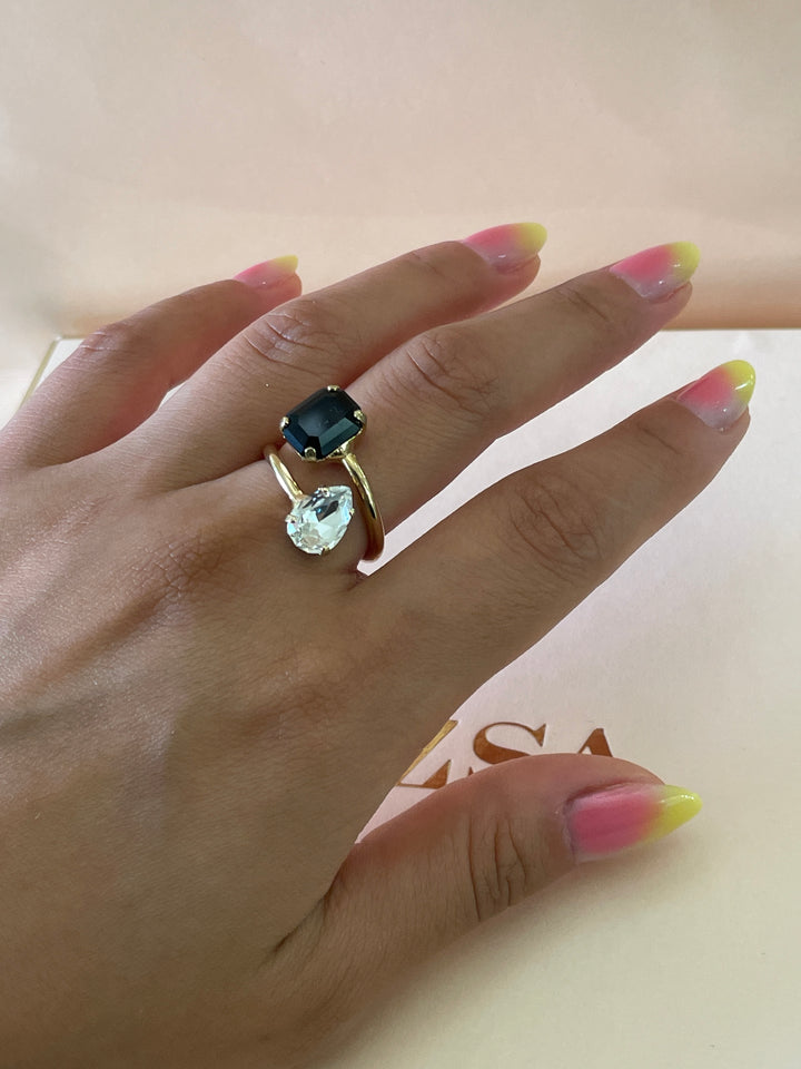 Preciosa crystal black square with silver teardrop crystal gold plated ring