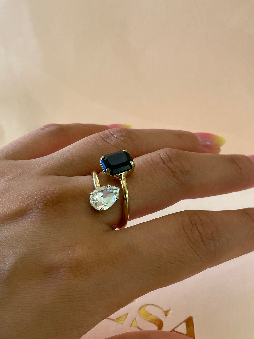 Preciosa crystal black square with silver teardrop crystal gold plated ring