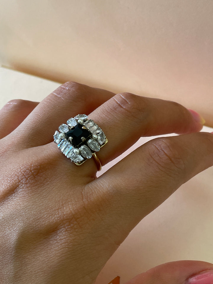 Swarovski crystal square black with stones gold plated ring
