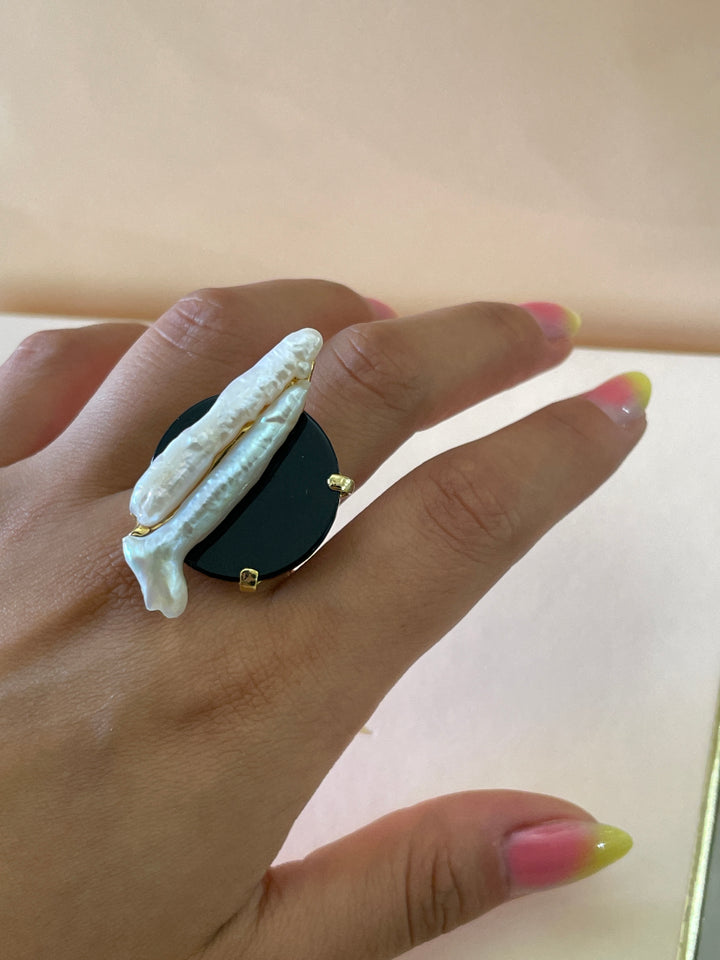Black resin with fresh water pearl sterling silver gold plated ring